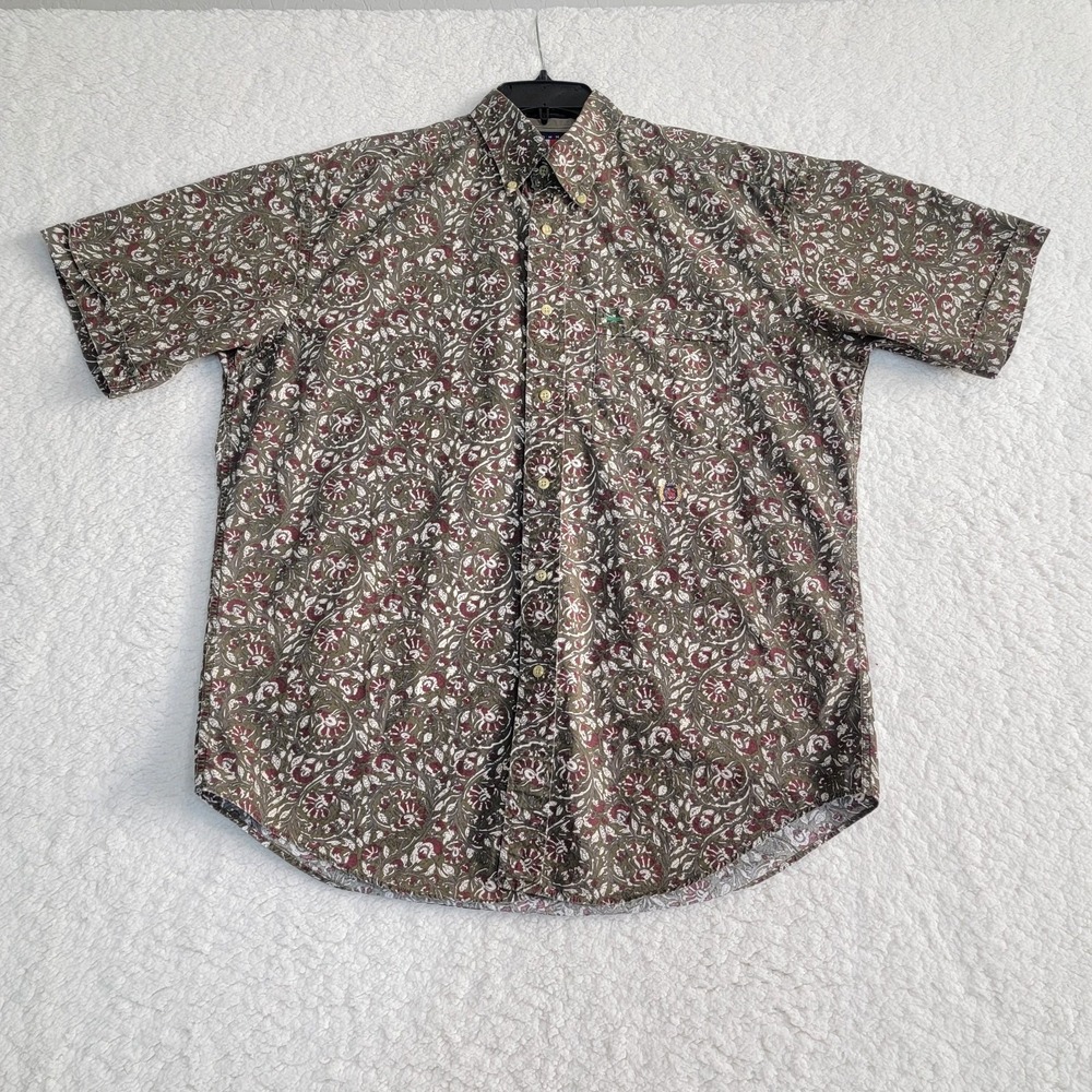 Tommy Hilfiger Button Down Shirt Mens Medium Green Floral Paisley Short Sleeve
